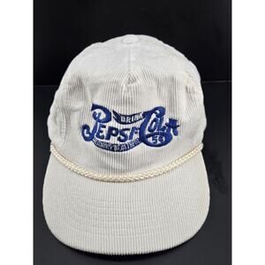 Vintage 70s Corduroy White Pepsi Cola Slide Back Trucker Hat Embroidered Letters